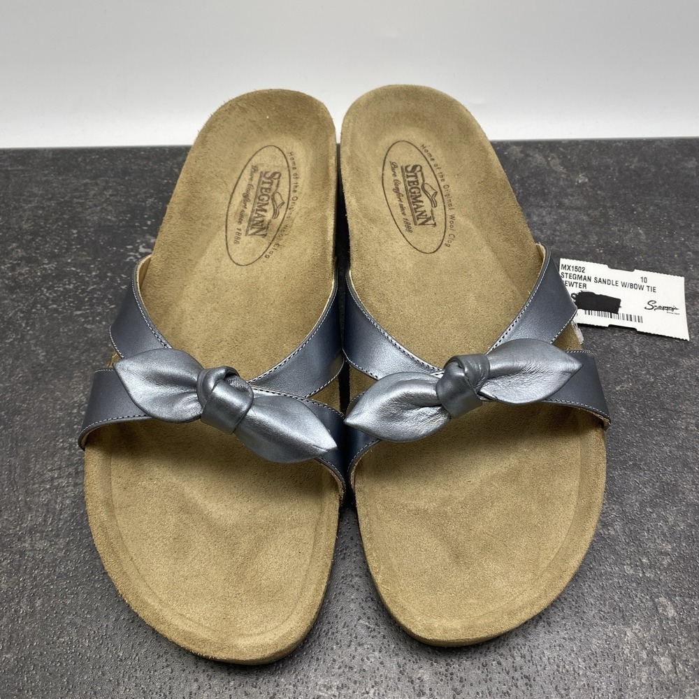 Stegmann Leather Metallic Silver Bow Slide Sandals Women's 10 B Cork Insole 1502